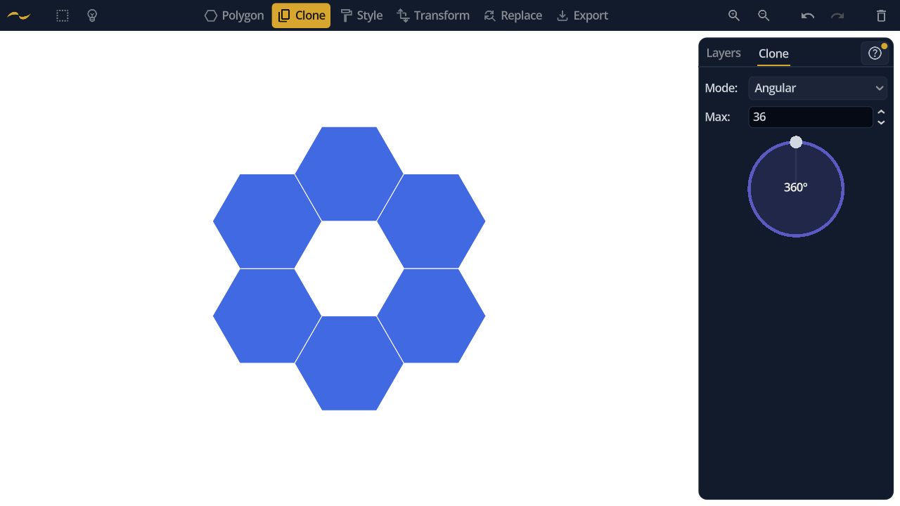 A hexagon cloned into a closed ring of six, each meeting the next edge to edge