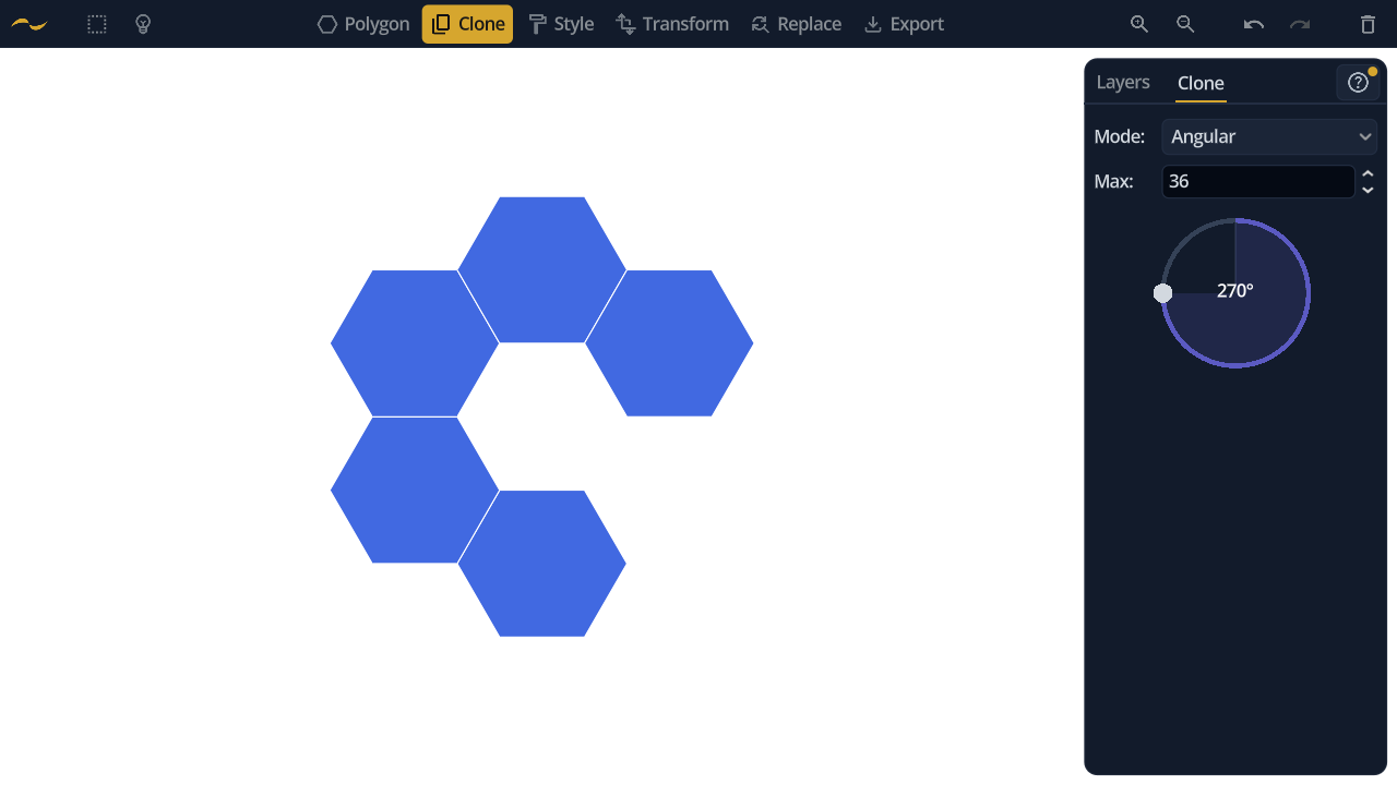 Hexagons cloned through a partial sweep using angular mode at 270 degrees