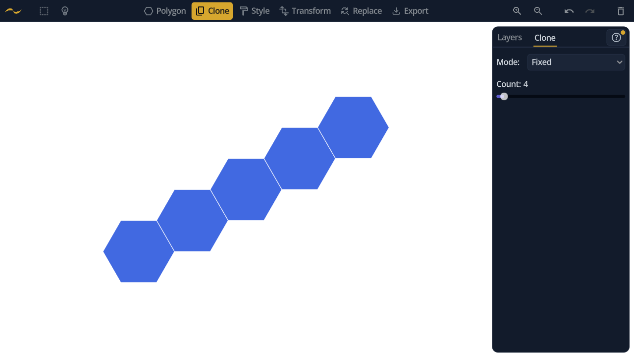 Hexagons cloned into a chain of five using fixed mode
