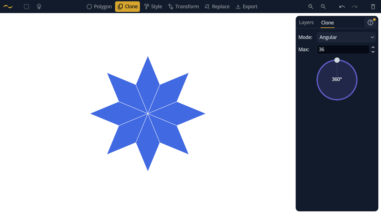 Clone tool with one rhombus repeated into a closed eight-point rosette