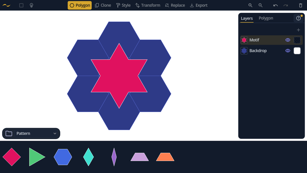 The Layers panel listing a Motif layer above a Backdrop layer, the star on one sitting over the honeycomb on the other