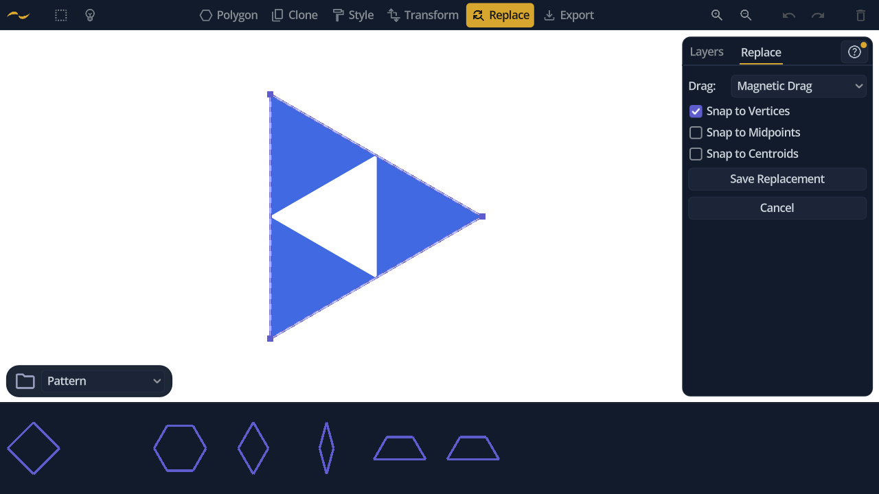 A triangle ghost outline dragged from the palette and fitted exactly around the three smaller triangles