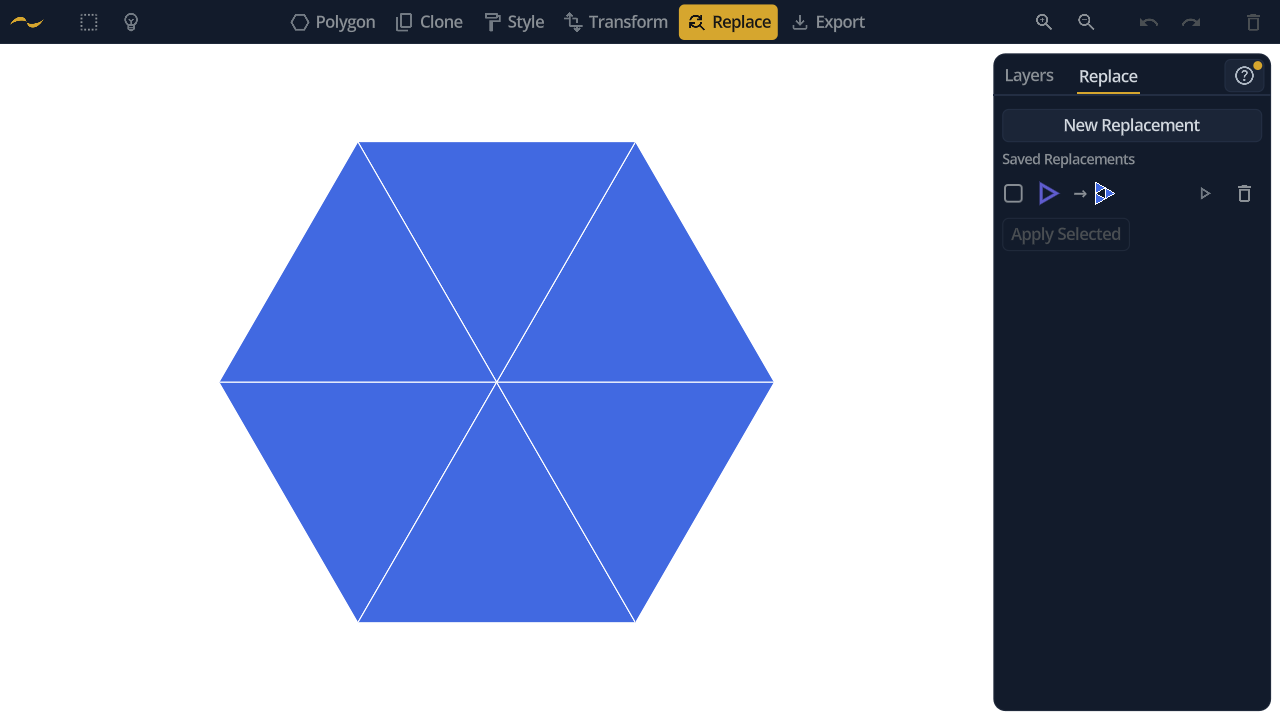 Six triangles fanned into a hexagon, with the saved triangle replacement listed in the panel