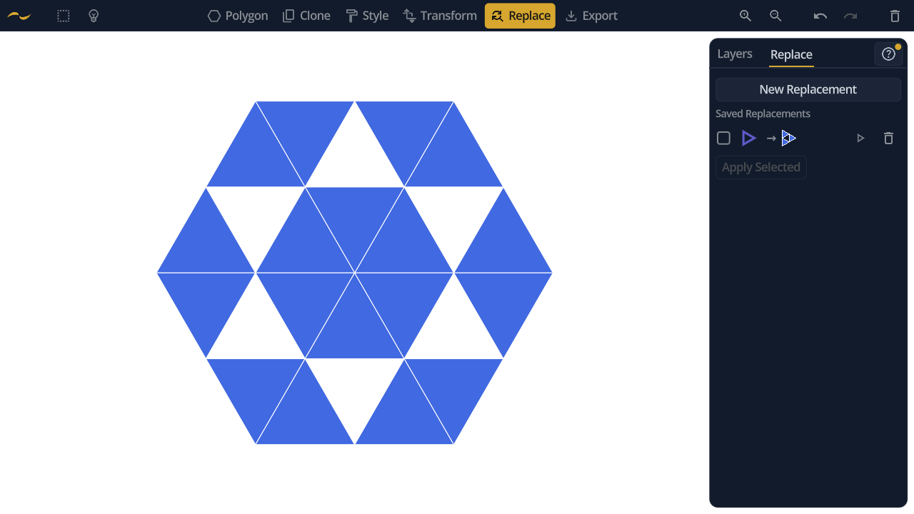 The hexagon after one pass: each of the six triangles is now three, eighteen in all