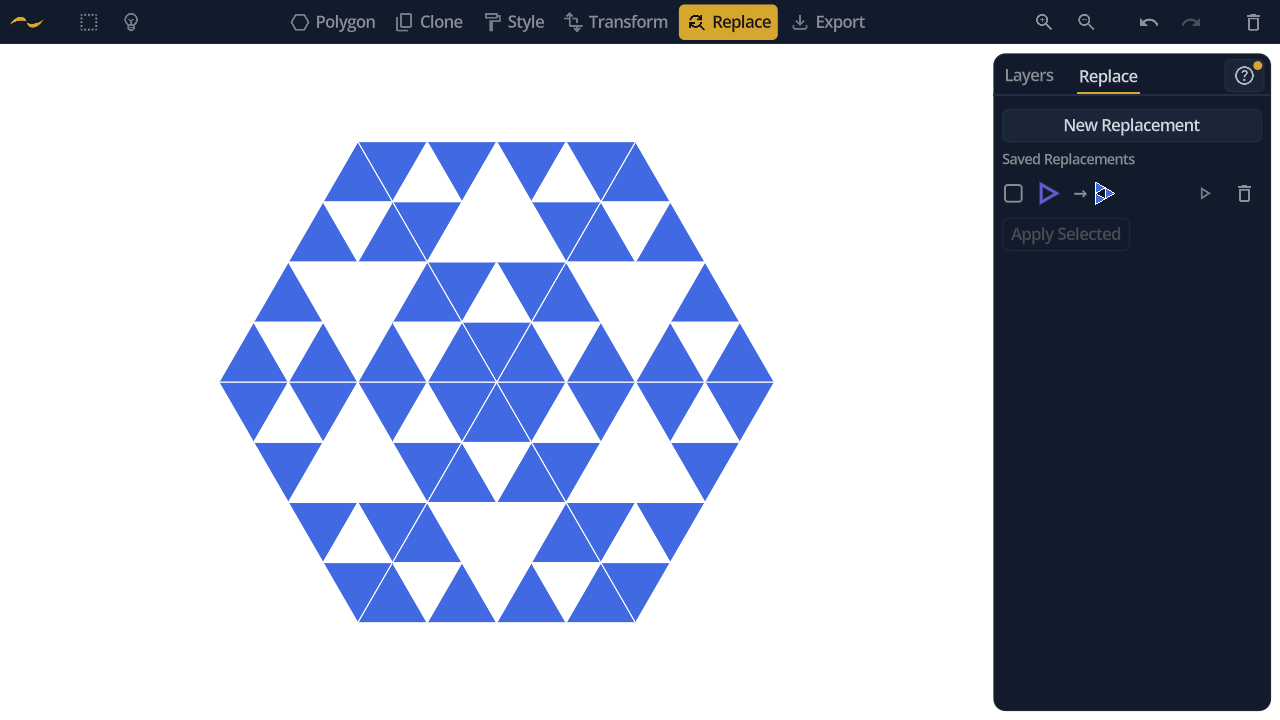 The hexagon after a second pass, fifty-four triangles deep
