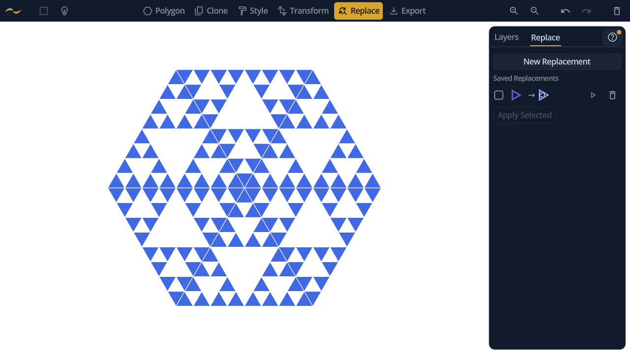 A Sierpinski hexagon of 162 triangles produced by running one replacement three times