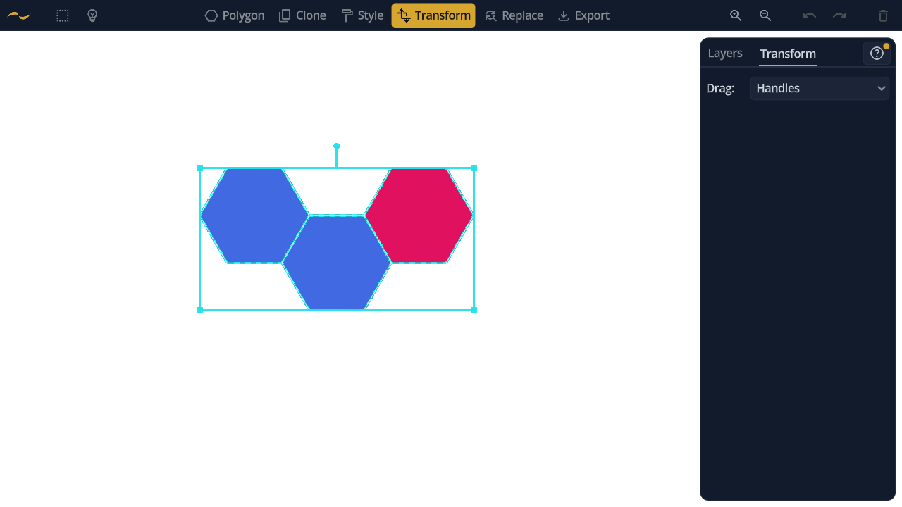 Transform tool with a bounding box around three selected hexagons